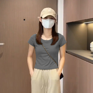 正肩修身型体恤显瘦洋气减龄短袖圆领纯棉T恤2025夏季新款女上衣