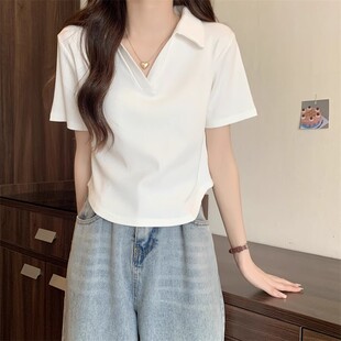 纯欲风白色翻领短袖t恤女夏季新款韩版修身不规则polo领打底衫女