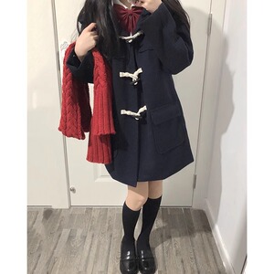 深蓝色牛角扣羊绒大衣女秋冬季小个子短款风衣中长款加厚毛呢外套