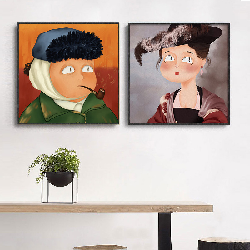 梵高卡通q版名画可爱恶搞蒙娜丽莎装饰画名人画客厅餐厅有趣挂画