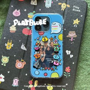PlayBluee原创蓝色放小卡照片双层亮面手机壳适用于苹果17pro华为