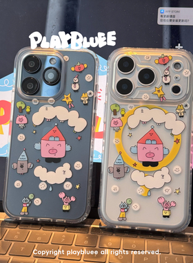 PlayBluee 原创插画小猪房子磨砂手机壳适用于17pro华为磁吸