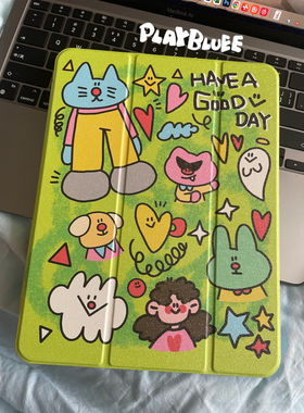 PlayBluee原创绿色猫猫三折ipadpro平板11适用苹果保护壳笔槽款