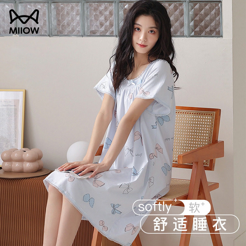 猫人女士睡裙纯棉短袖简约夏季薄款连衣裙全棉宽松睡衣外穿家居服