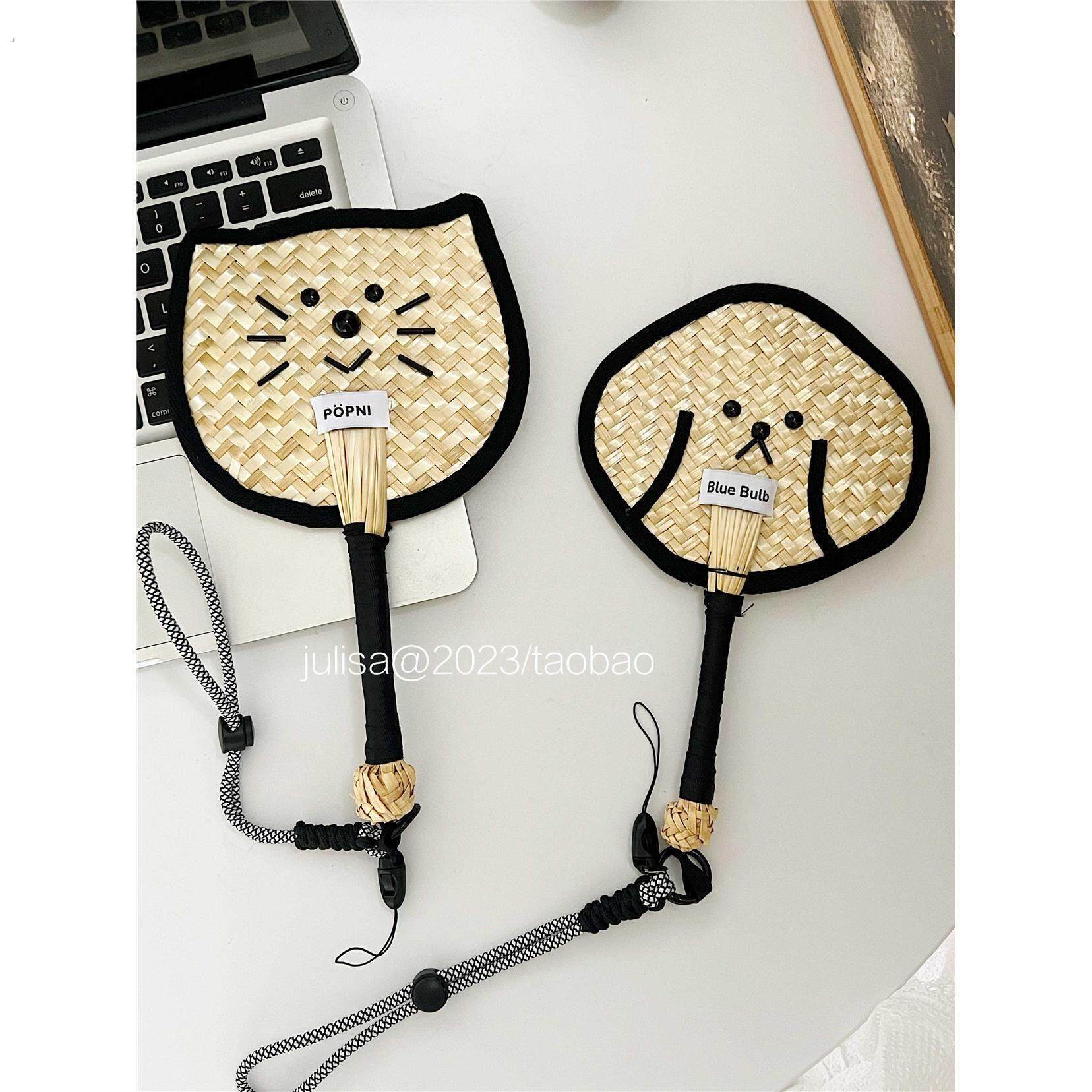 纯手工编织覆古小狗和猫咪手拿蒲扇夏日可携式手摇小扇子带挂绳情