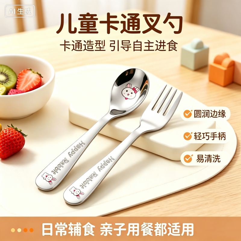 304不锈钢勺子叉子卡通可爱餐具家用创意学生儿童吃饭勺汤匙叉