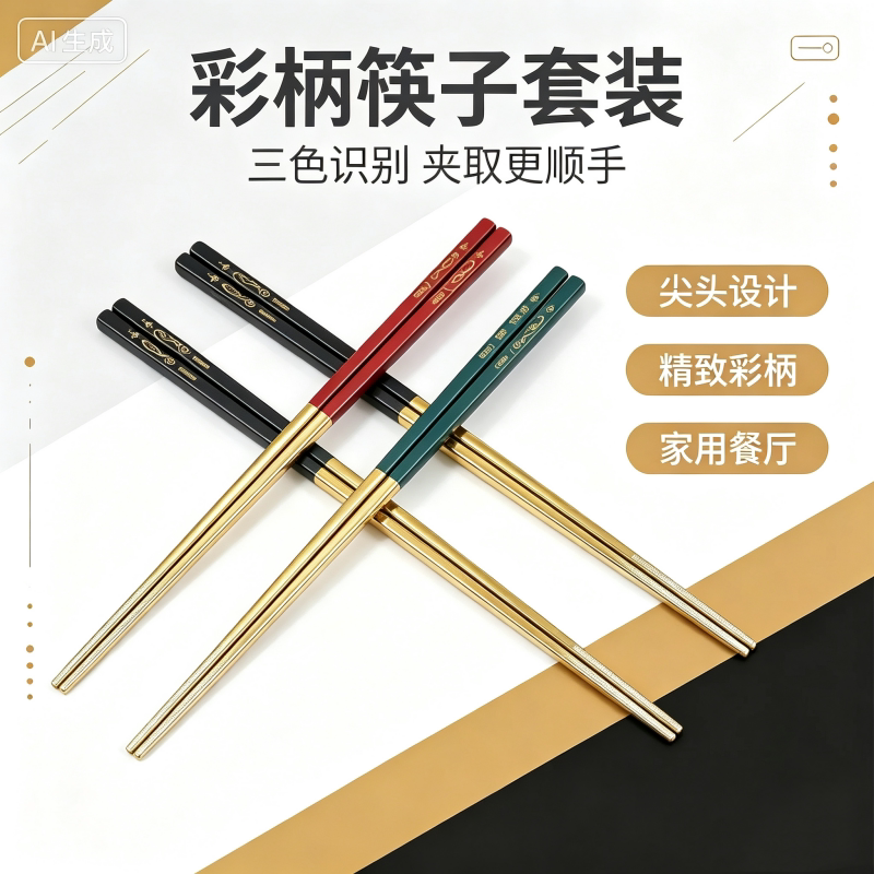 不锈钢筷子耐高温简约筷子饭店餐厅家用防滑防烫防霉彩色手柄筷子