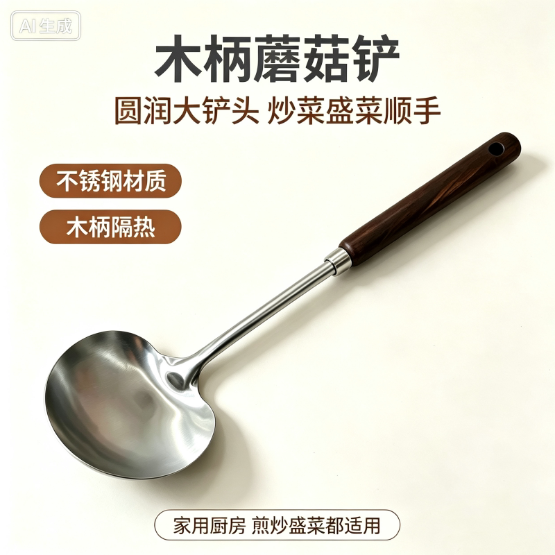 木柄不锈钢蘑菇铲炒菜勺家用厨房长柄防滑锅铲炒菜不粘锅炒勺铁铲