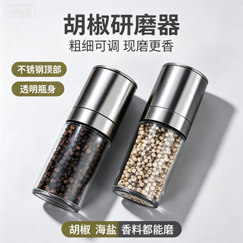 不锈钢胡椒研磨器家用手动白黑胡椒粉粒花椒玫瑰海盐直身研磨瓶子