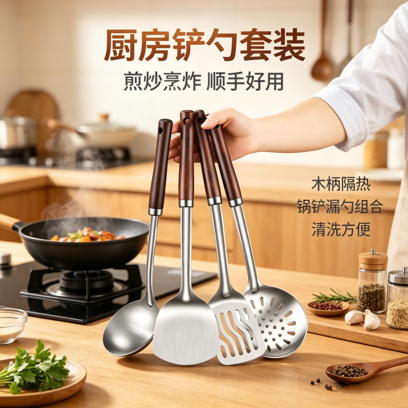 不锈钢锅铲煎铲子厨房家用炒菜铲子汤勺漏勺煎铲实木手柄防烫厨具