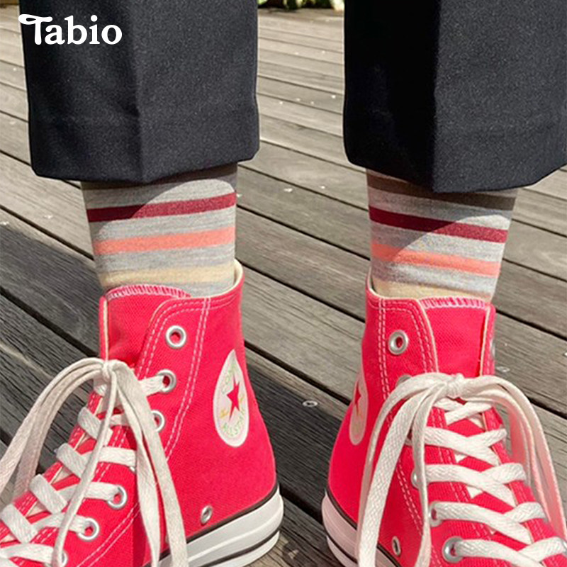 Tabio袜子彩色条纹无骨商务含羊毛中筒袜男士长袜日本长筒袜男袜