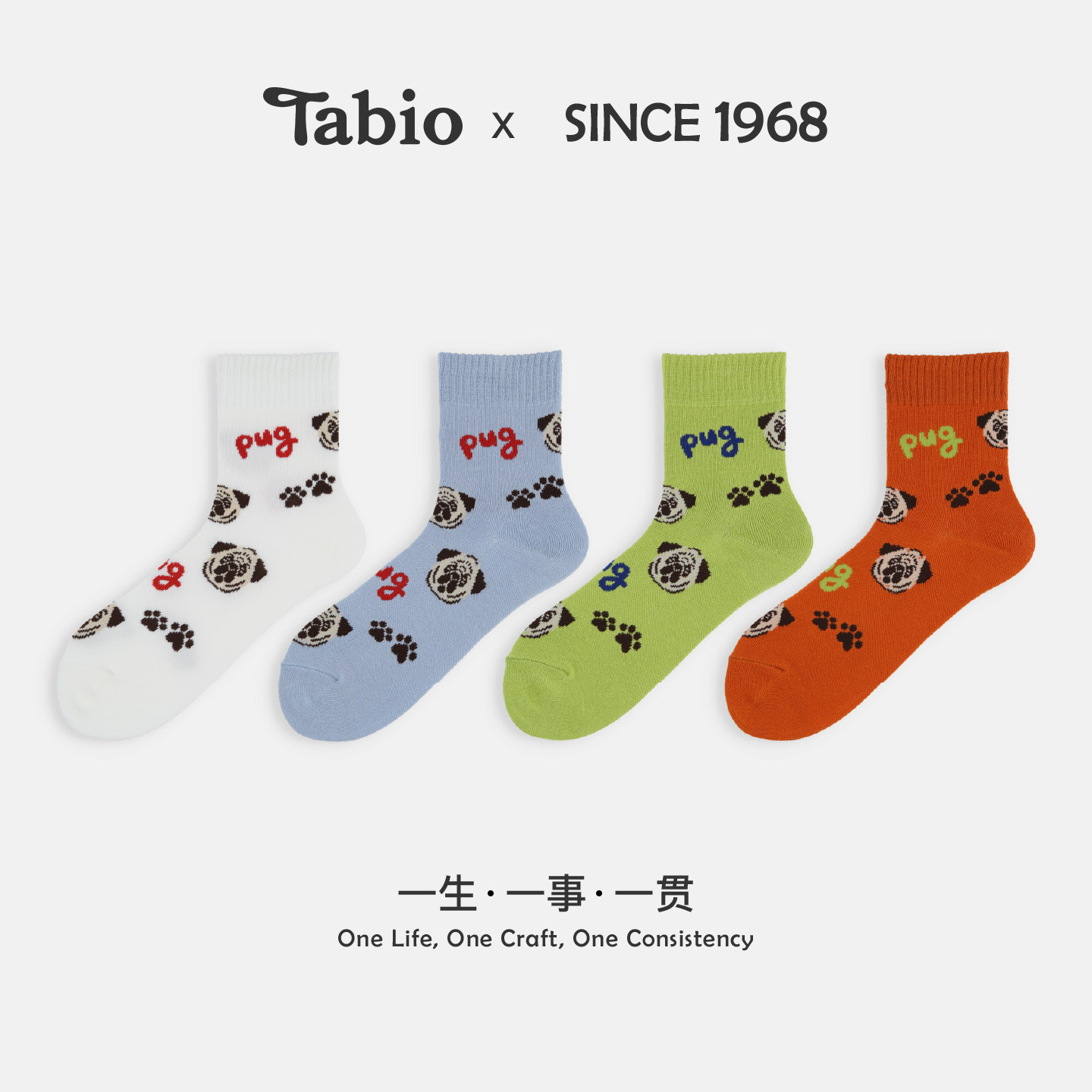 Tabio巴哥犬印花袜子女秋冬舒适高弹卡通小狗女袜中筒袜潮亲子袜