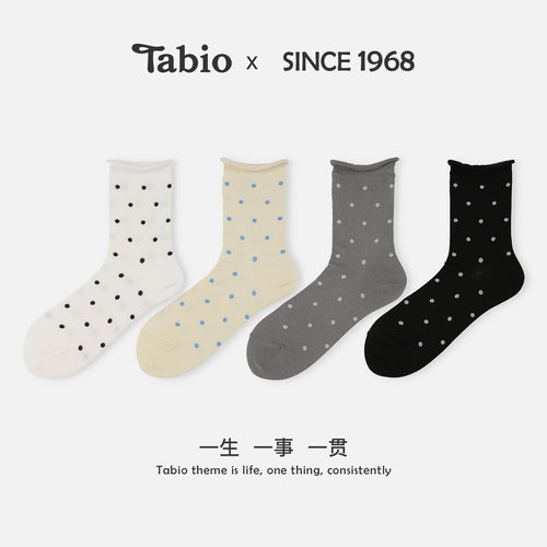 Tabio撞色波点袜子女夏季高弹透气卷边中筒袜甜美可爱搭配小皮鞋