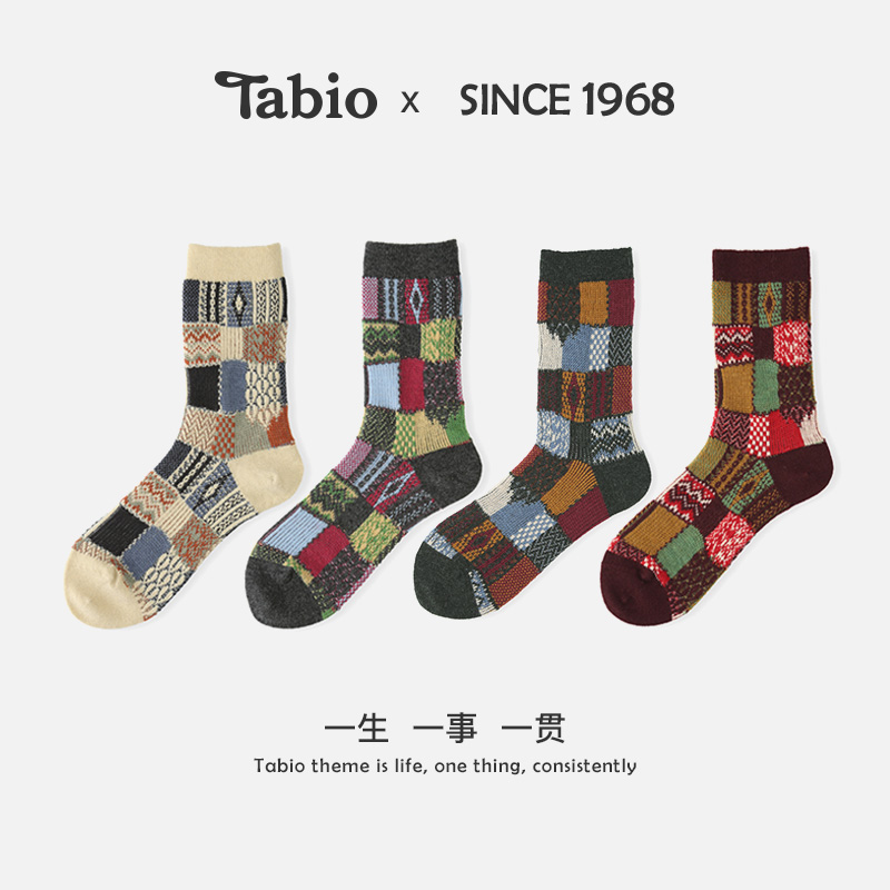 Tabio袜子女士彩色拼撞中筒袜