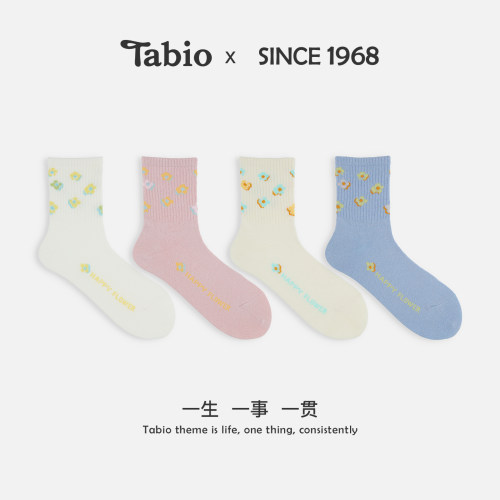 Tabio双色花朵袜子女夏季高弹透气日系百搭中筒袜甜美可爱设计感