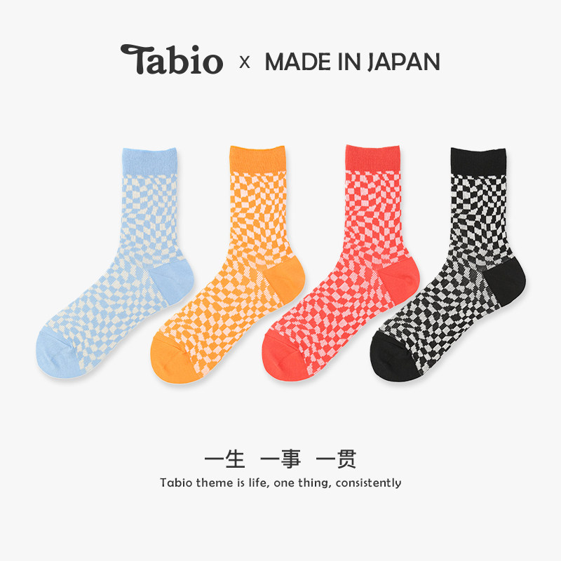 Tabio早春新品几何棋盘格袜子女中筒袜潮网红款复古休闲日本棉袜