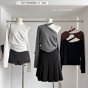 T恤女2025高级感内搭上衣打底衫 气质挂脖斜领露肩蝙蝠袖 加绒长袖