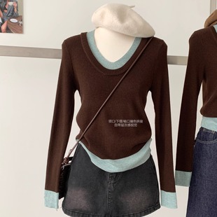 打底上衣 显瘦长袖 绵羊毛撞色假两件坑条针织衫 女秋冬气质V领修身