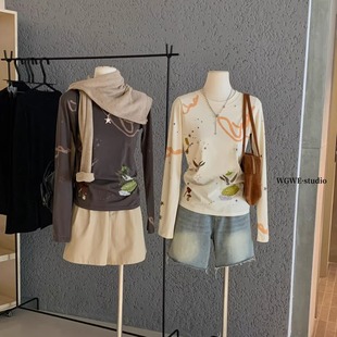 设计感宽松独特小众显瘦打底衫 绘画涂鸦韩系长袖 T恤女2025秋季