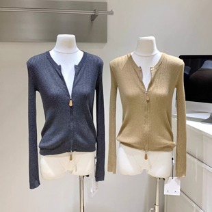 早秋穿搭打底衫 女巨好看 上衣 针织开衫 轻熟复古皮牌拉链宽松长袖