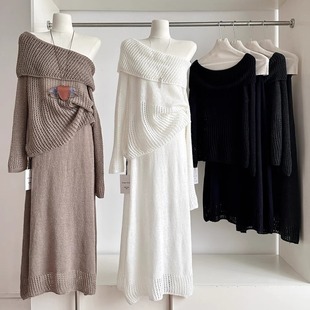 半身裙韩系早秋穿搭一整套 清透露肩镂空微透毛衣针织衫 秋季 新款