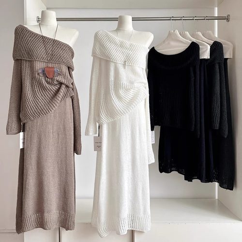 露肩镂空微透毛衣针织衫+半身裙