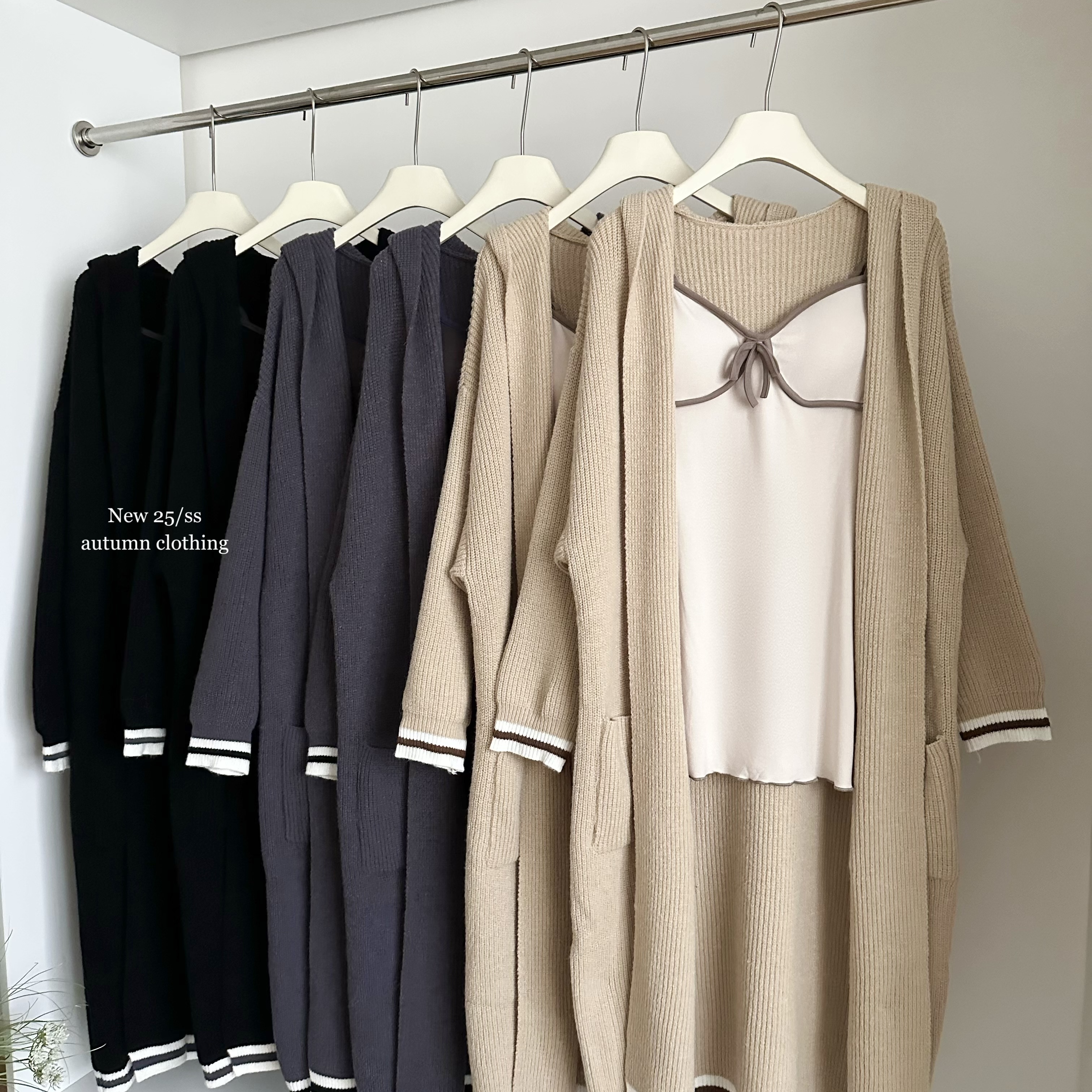 连帽拼色长款毛衣开衫上衣女秋冬