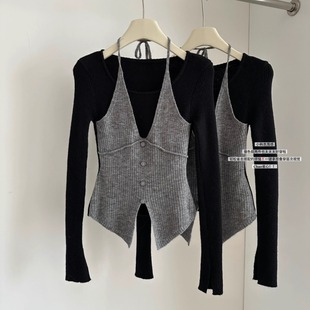 不规则开叉打底衫 女秋季 别致甜辣小上衣 针织衫 假两件挂脖拼色长袖