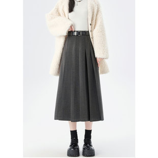 灰色毛呢百褶裙女秋冬高腰垂感显瘦气质大摆a字中长款 半身裙 西装