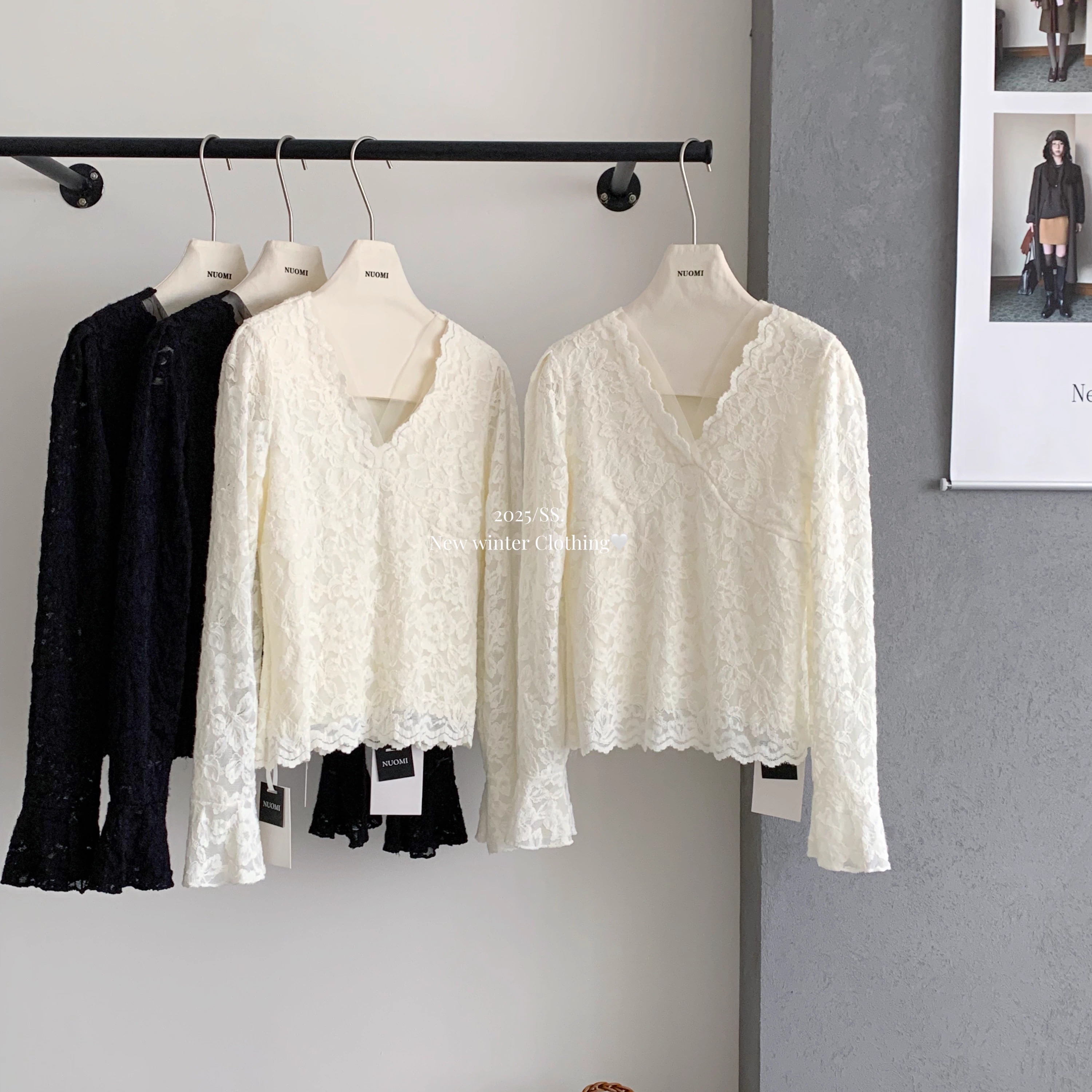 V领磨毛加绒加厚长袖蕾丝衫上衣