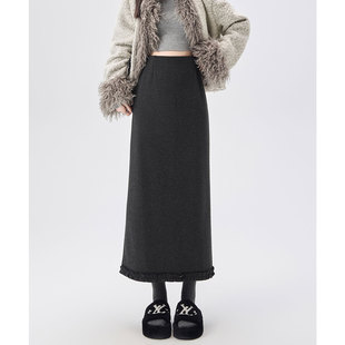 加厚毛呢高级感西装 高腰显瘦气质开叉a字包臀长裙 半身裙女秋冬季