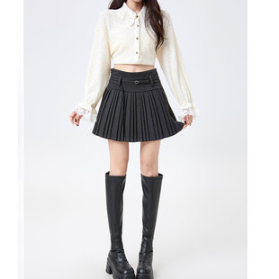 韩系灰色毛呢百褶半身裙女秋冬学院风高腰显瘦气质防走光A字短裙