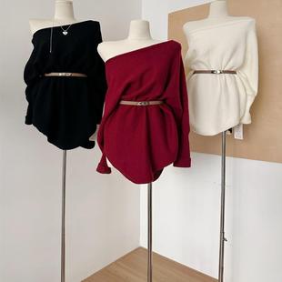 蝙蝠袖斜肩长袖毛衣女中长款慵懒风秋冬设计感显瘦百搭针织连衣裙