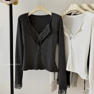 秋冬磨毛加绒假两件拼接蕾丝边长袖 T恤上衣女显瘦气质内搭打底衫