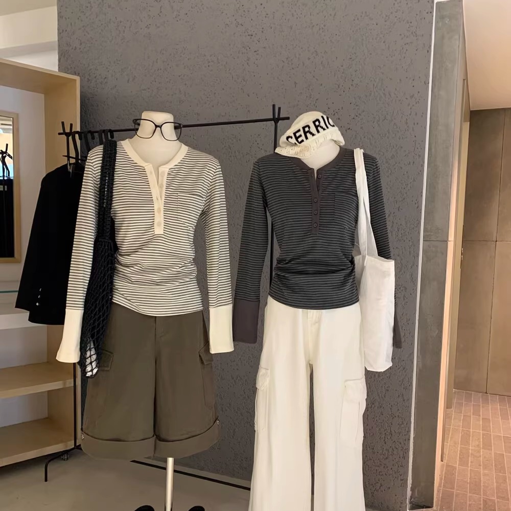 半开领小众弹力打底衫女长袖T恤