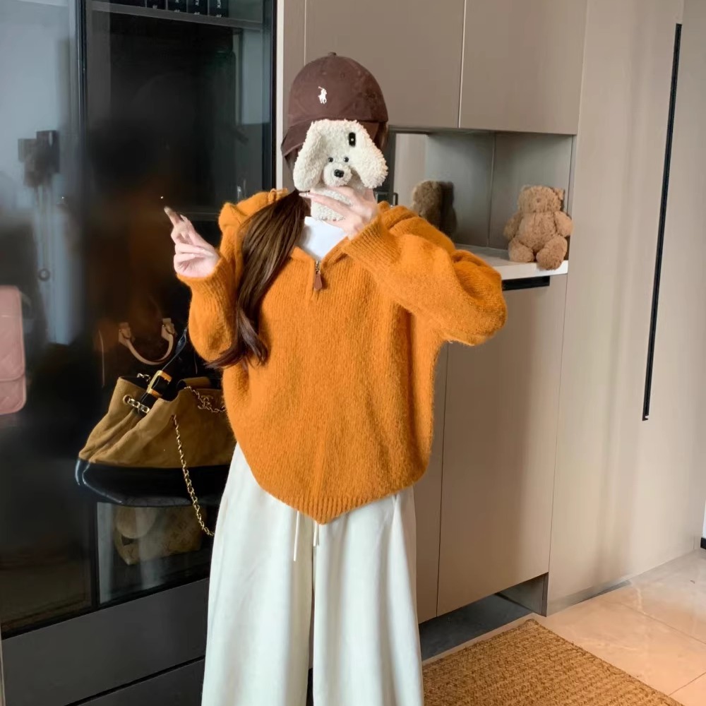 韩系慵懒半拉链连帽毛衣女加厚秋