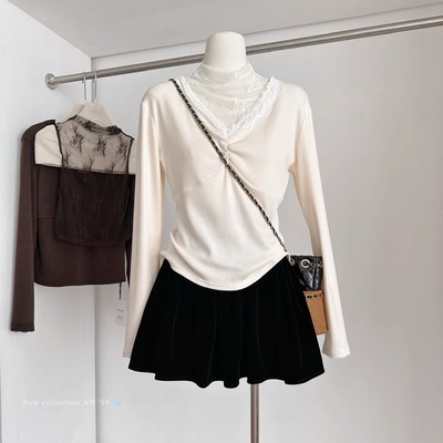 可外穿扭结花边V领长袖T恤女叠穿