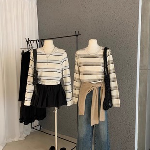 2025秋冬韩系穿搭宽松显瘦条纹长袖 女内搭高级感可外穿 T恤打底衫