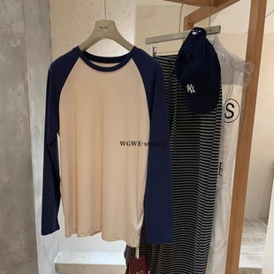 拼色小众设计慵懒圆领长袖 上衣 T恤女内搭秋冬休闲宽松遮肉打底衫