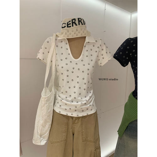 翻领设计感泡泡袖短袖T恤女夏季