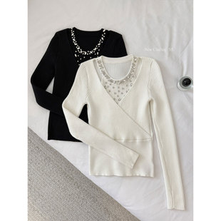 镶钻白色针织衫女内搭春季秋冬显瘦气质假两件V领毛衣打底衫上衣
