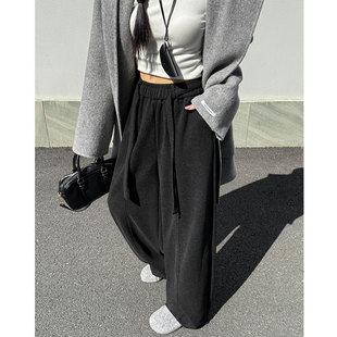 女装 加绒裤 秋冬新款 超火 子 韩系显瘦阔腿长裤 灰色抽绳微喇休闲裤