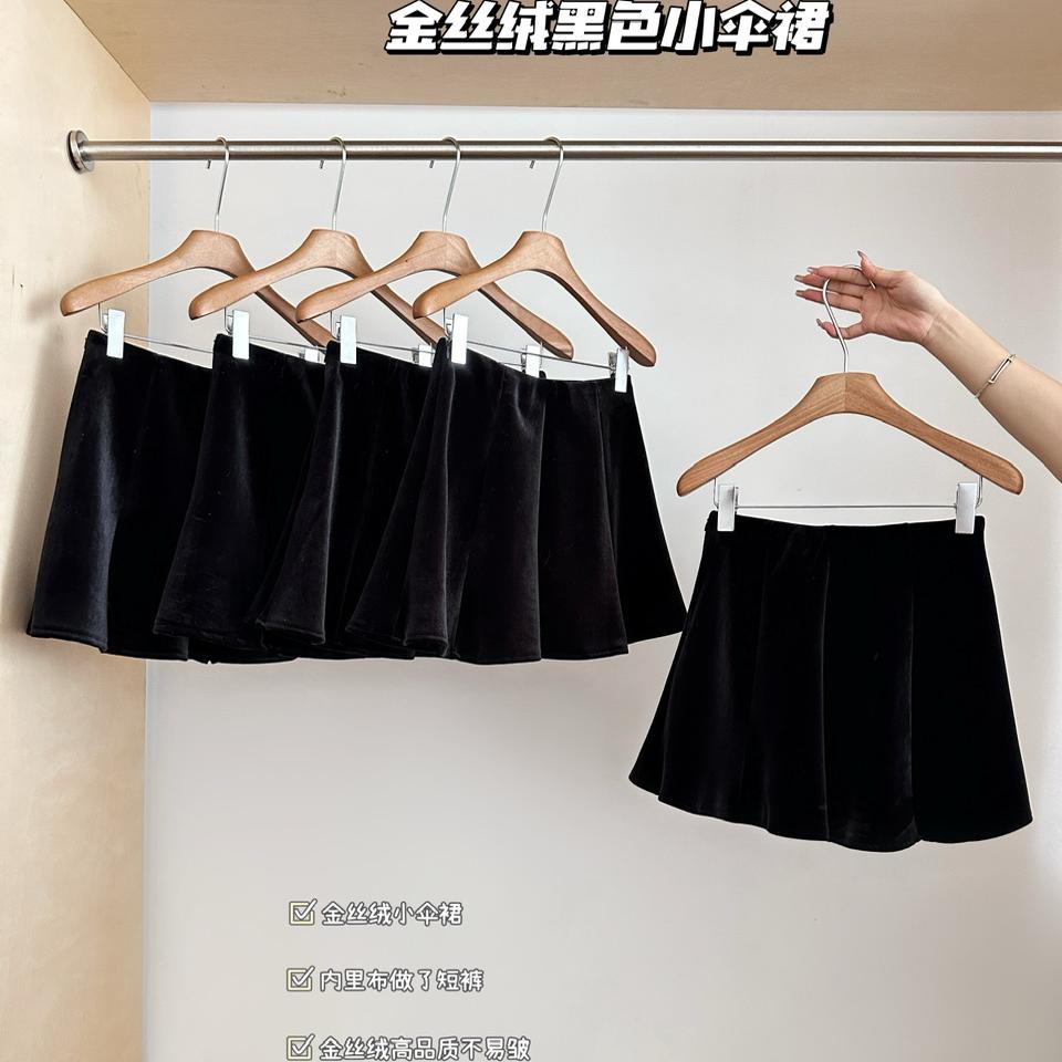 洋气显瘦!松紧腰金丝绒短裙女高腰迷你裙秋冬黑色丝绒裙A字半裙
