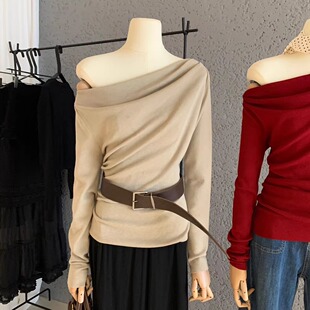斜切领打底上衣针织衫 一字领荡领显瘦复古长袖 T恤女内搭秋冬法式