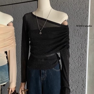上衣 T恤女绝美巨好看打底衫 法式 气质收腰内搭露肩一字领网纱长袖