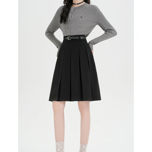 灰色复古百褶毛呢半身裙女秋冬新款 裙子 高腰遮胯a字五分中裙西装