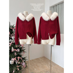 新年氛围感红色毛衣开衫外套女秋冬新款连帽毛毛领拉链针织衫上衣