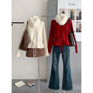 韩系温柔风荷叶边收腰系带一字领毛衣女冬季 可拆卸毛领加厚针织衫