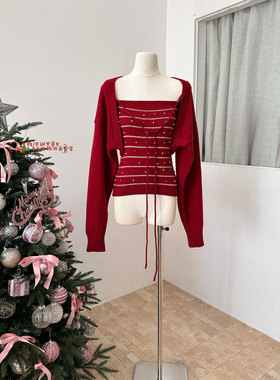 独特超好看绿色毛衣女春季秋冬珍珠条纹抹胸针织开衫两件套装上衣