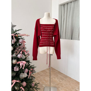 上衣 两件套装 独特超好看绿色毛衣女春季 秋冬珍珠条纹抹胸针织开衫